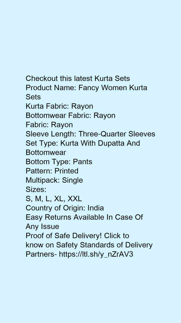 Product Name: *Fancy Women Kurta Sets*Kurta Fabric: RayonBottomwear Fabric: RayonFabric: RayonSleeve Length: Three-Quarter SleevesSet Type: Kurta With Dupatta And BottomwearBottom Type: PantsPattern: PrintedMultipack: Single - size- M