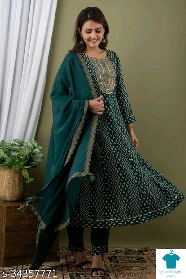 Product Name: *Fancy Women Kurta Sets*Kurta Fabric: RayonBottomwear Fabric: RayonFabric: RayonSleeve Length: Three-Quarter SleevesSet Type: Kurta With Dupatta And BottomwearBottom Type: PantsPattern: PrintedMultipack: Single - size- XXL