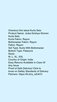 Product Name: *Jivika Drishya Women Kurta Sets*Kurta Fabric: RayonBottomwear Fabric: RayonFabric: RayonSet Type: Kurta With BottomwearBottom Type: Palazzos - size- XL