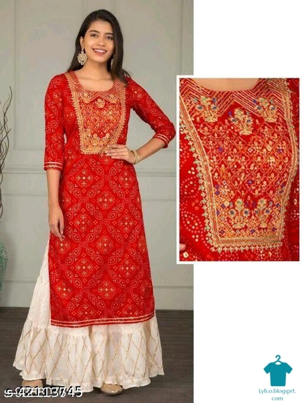 Product Name: *Fashionable kurta sharara set*Kurta Fabric: RayonBottomwear Fabric: RayonFabric: RayonSleeve Length: Three-Quarter SleevesSet Type: Kurta With BottomwearBottom Type: ShararaPattern: EmbroideredMultipack: Single - size- L