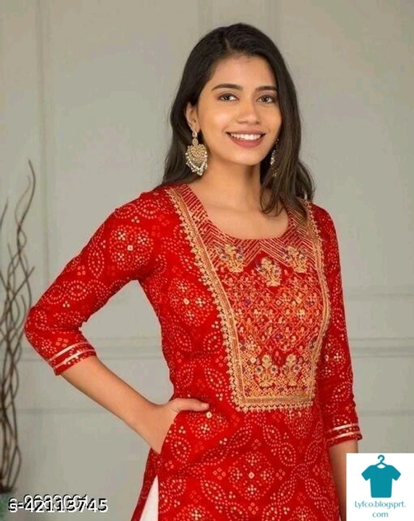 Product Name: *Fashionable kurta sharara set*Kurta Fabric: RayonBottomwear Fabric: RayonFabric: RayonSleeve Length: Three-Quarter SleevesSet Type: Kurta With BottomwearBottom Type: ShararaPattern: EmbroideredMultipack: Single - size- L