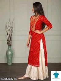 Product Name: *Fashionable kurta sharara set*Kurta Fabric: RayonBottomwear Fabric: RayonFabric: RayonSleeve Length: Three-Quarter SleevesSet Type: Kurta With BottomwearBottom Type: ShararaPattern: EmbroideredMultipack: Single - size- L