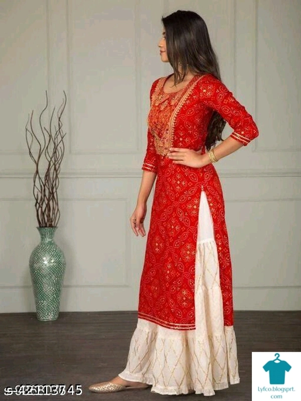 Product Name: *Fashionable kurta sharara set*Kurta Fabric: RayonBottomwear Fabric: RayonFabric: RayonSleeve Length: Three-Quarter SleevesSet Type: Kurta With BottomwearBottom Type: ShararaPattern: EmbroideredMultipack: Single - size- L