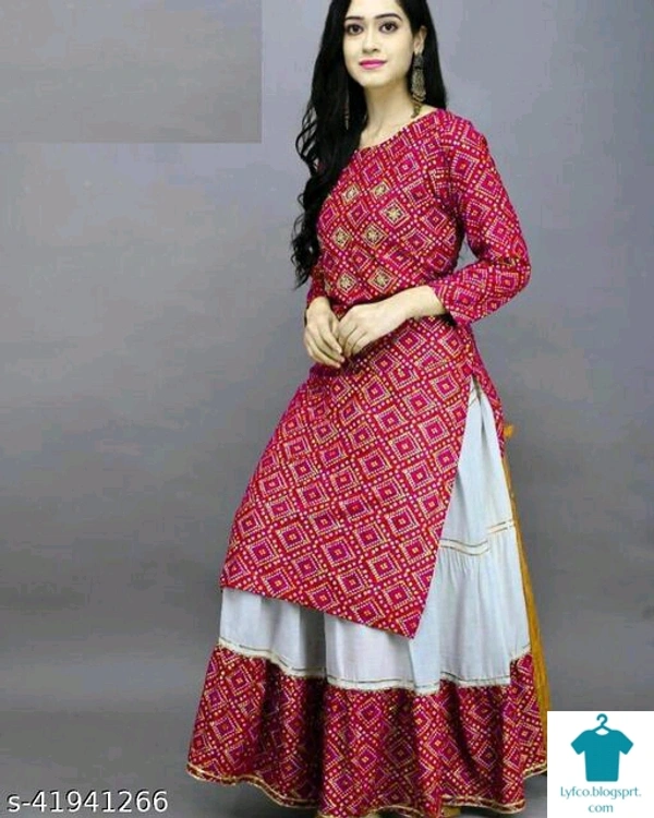 Product Name: *Kashvi Graceful Women Kurta Sets*Kurta Fabric: RayonBottomwear Fabric: RayonFabric: No DupattaSleeve Length: Three-Quarter SleevesSet Type: Kurta With BottomwearBottom Type: SkirtPattern: PrintedMultipack: Single - size- M