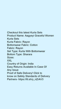 Product Name: *Aagyeyi Graceful Women Kurta Sets*Kurta Fabric: RayonBottomwear Fabric: CottonFabric: RayonSet Type: Kurta With BottomwearBottom Type: Sharara - size- XXXL