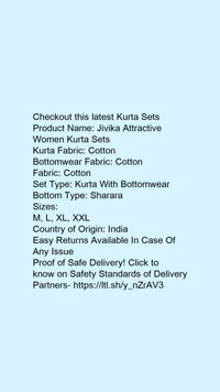 Product Name: *Jivika Attractive Women Kurta Sets*Kurta Fabric: CottonBottomwear Fabric: CottonFabric: CottonSet Type: Kurta With BottomwearBottom Type: Sharara - size- L
