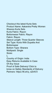 Product Name: *Aakarsha Pretty Women Sharara Kurta Sets*Kurta Fabric: RayonBottomwear Fabric: RayonFabric: RayonSleeve Length: Three-Quarter SleevesSet Type: Kurta With Dupatta And BottomwearBottom Type: ShararaMultipack: Single - size- L