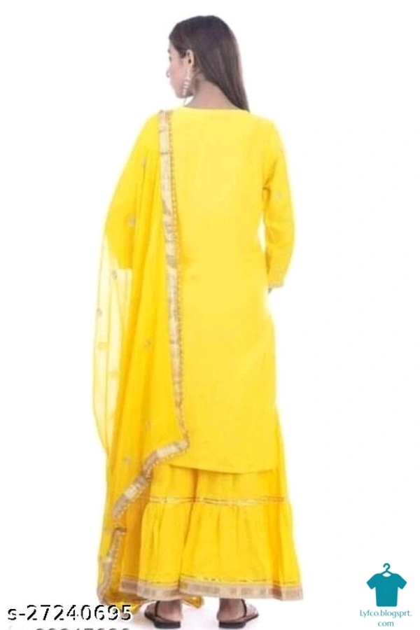 Product Name: *Aakarsha Pretty Women Sharara Kurta Sets*Kurta Fabric: RayonBottomwear Fabric: RayonFabric: RayonSleeve Length: Three-Quarter SleevesSet Type: Kurta With Dupatta And BottomwearBottom Type: ShararaMultipack: Single - size- L
