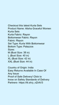 Product Name: *Alisha Graceful Women Kurta Sets*Kurta Fabric: RayonBottomwear Fabric: RayonFabric: RayonSet Type: Kurta With BottomwearBottom Type: Palazzos - size- M