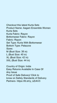 Product Name: *Alisha Graceful Women Kurta Sets*Kurta Fabric: RayonBottomwear Fabric: RayonFabric: RayonSet Type: Kurta With BottomwearBottom Type: Palazzos - size- XXL