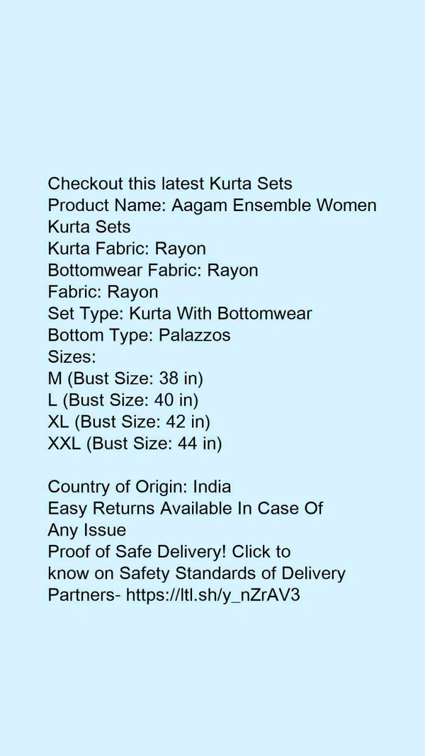 Product Name: *Alisha Graceful Women Kurta Sets*Kurta Fabric: RayonBottomwear Fabric: RayonFabric: RayonSet Type: Kurta With BottomwearBottom Type: Palazzos - size- XXL