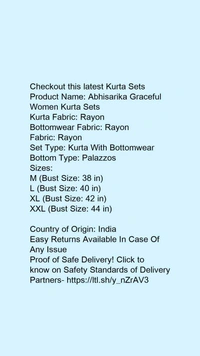 Product Name: *Abhisarika Graceful Women Kurta Sets*Kurta Fabric: RayonBottomwear Fabric: RayonFabric: RayonSet Type: Kurta With BottomwearBottom Type: Palazzos - size- XXL
