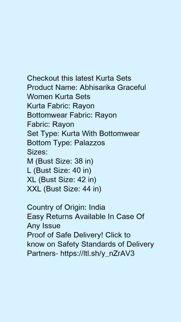 Product Name: *Abhisarika Graceful Women Kurta Sets*Kurta Fabric: RayonBottomwear Fabric: RayonFabric: RayonSet Type: Kurta With BottomwearBottom Type: Palazzos - size- XXL