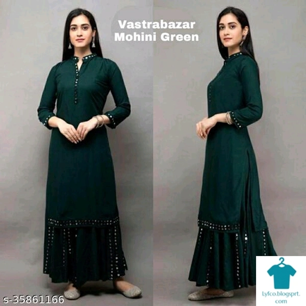 Product Name: *Alisha Ensemble Women Kurta Sets*Kurta Fabric: RayonBottomwear Fabric: RayonFabric: No DupattaSleeve Length: Three-Quarter SleevesSet Type: Kurta With BottomwearBottom Type: PalazzosPattern: EmbellishedMultipack: Single - size- S
