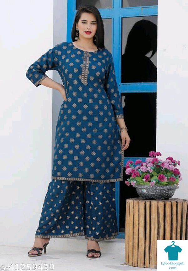 Product Name: *Aakarsha Voguish Women Kurta Sets*Kurta Fabric: RayonBottomwear Fabric: RayonFabric: RayonSleeve Length: Three-Quarter SleevesSet Type: Kurta With BottomwearBottom Type: PalazzosPattern: EmbroideredMultipack: Single - size- XXL