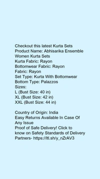 Product Name: *Abhisarika Ensemble Women Kurta Sets*Kurta Fabric: RayonBottomwear Fabric: RayonFabric: RayonSet Type: Kurta With BottomwearBottom Type: Palazzos - size- XXL