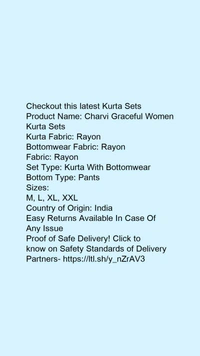 Product Name: *Charvi Graceful Women Kurta Sets*Kurta Fabric: RayonBottomwear Fabric: RayonFabric: RayonSet Type: Kurta With BottomwearBottom Type: Pants - size- L