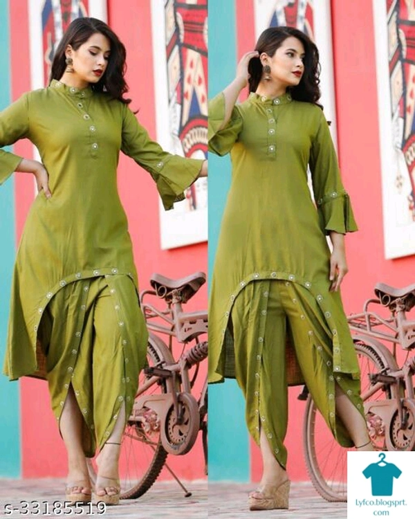 Product Name: *Jivika Refined Women Kurta Sets*Kurta Fabric: Rayon SlubBottomwear Fabric: Rayon SlubFabric: No DupattaSleeve Length: Three-Quarter SleevesSet Type: Kurta With BottomwearBottom Type: Dhoti PantsPattern: EmbroideredMultipack: Single - size- M