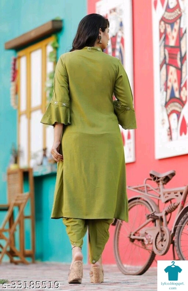 Product Name: *Jivika Refined Women Kurta Sets*Kurta Fabric: Rayon SlubBottomwear Fabric: Rayon SlubFabric: No DupattaSleeve Length: Three-Quarter SleevesSet Type: Kurta With BottomwearBottom Type: Dhoti PantsPattern: EmbroideredMultipack: Single - size- XL