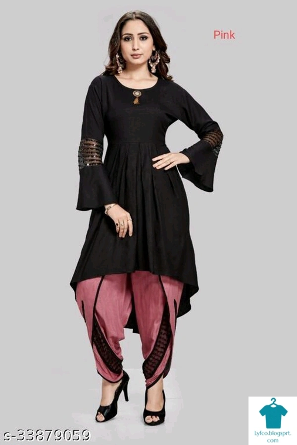 Product Name: *Trendy Rayon Kurta sets*Kurta Fabric: RayonBottomwear Fabric: RayonFabric: No DupattaSleeve Length: Long SleevesSet Type: Kurta With BottomwearBottom Type: Dhoti PantsPattern: SolidMultipack: Single - size- M