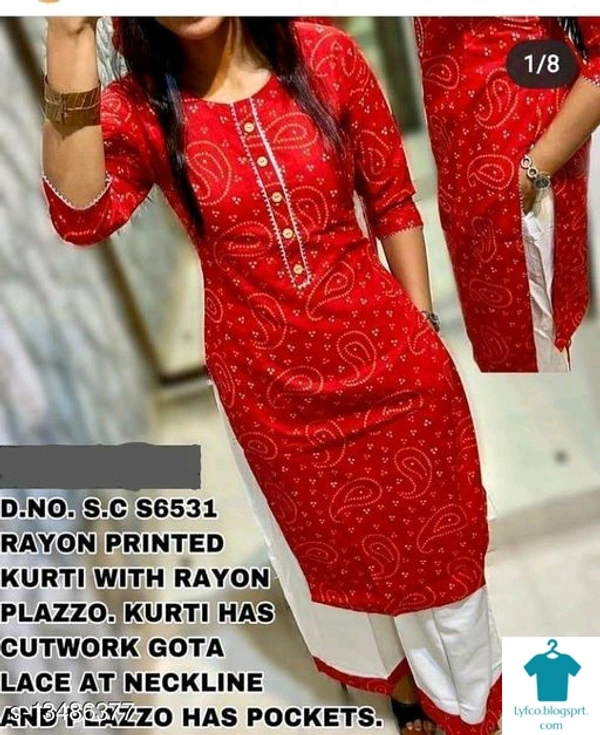 Product Name: *Chunri Print Kurta and Palazzo Pant with Pocket*Kurta Fabric: RayonBottomwear Fabric: RayonFabric: RayonSet Type: Kurta With BottomwearBottom Type: PalazzosPattern: PrintedMultipack: Single - size- L