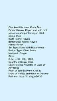 Product Name: *Rayon kurti with moti sequence and printed rayon black colour dhoti*Kurta Fabric: RayonBottomwear Fabric: RayonFabric: RayonSet Type: Kurta With BottomwearBottom Type: Dhoti PantsMultipack: Single - size- XXL