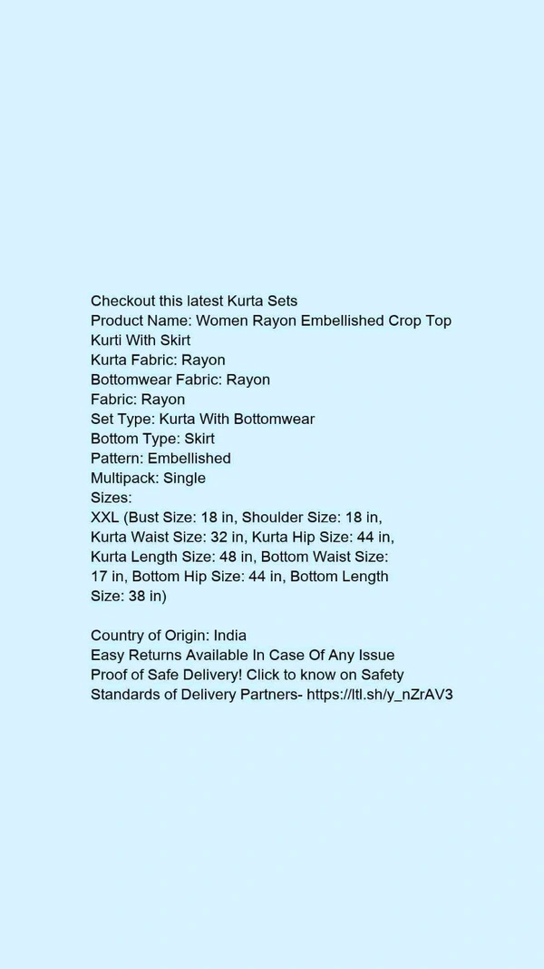 Product Name: *Women Rayon Embellished Crop Top Kurti With Skirt*Kurta Fabric: RayonBottomwear Fabric: RayonFabric: RayonSet Type: Kurta With BottomwearBottom Type: SkirtPattern: EmbellishedMultipack: Single - size- XXL