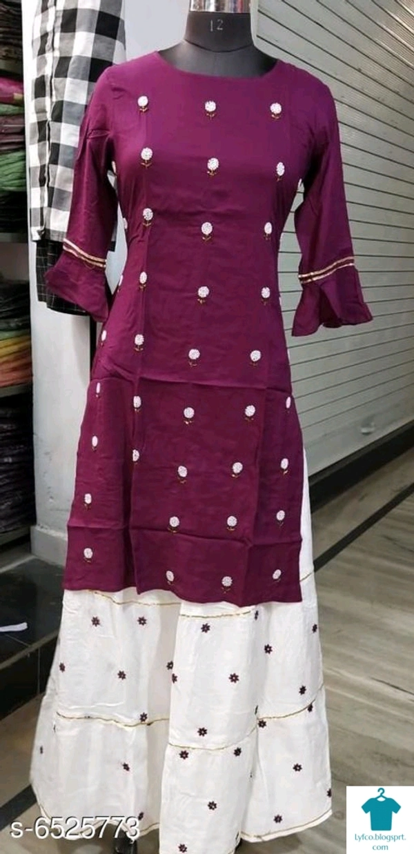 Product Name: *Adrika Fashionable Women Kurta Set with Skirt*Kurta Fabric: RayonBottomwear Fabric: RayonSleeve Length: Three-Quarter SleevesSet Type: Kurta With BottomwearBottom Type: SkirtPattern: EmbroideredMultipack: Single - size- XL