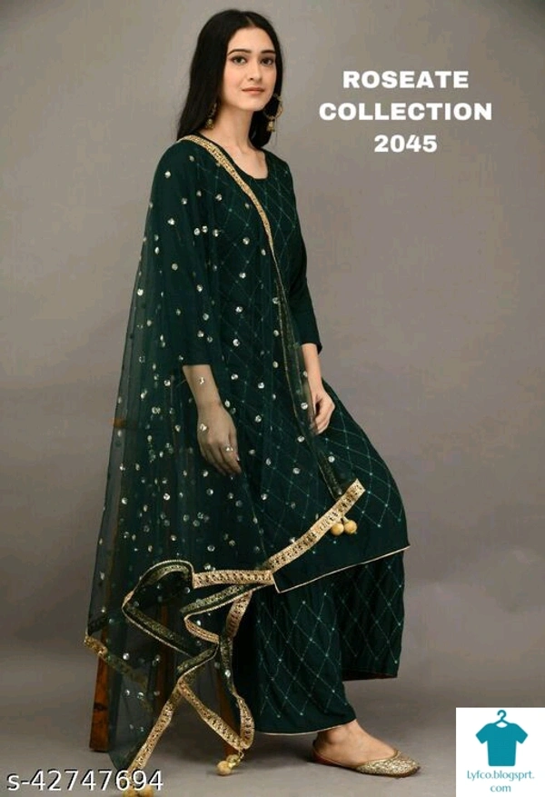 Product Name: *dupatta set*Kurta Fabric: NylonBottomwear Fabric: NylonSleeve Length: Long SleevesPattern: SolidSet Type: Kurta with DupattaStitch Type: Semi-Stitched - size- M