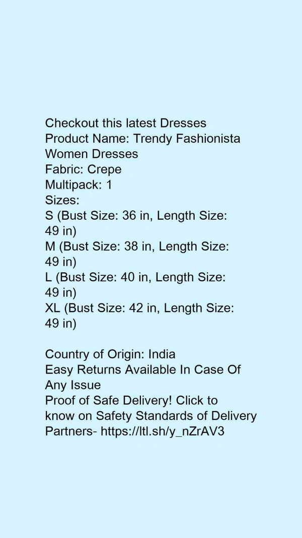 Product Name: *Trendy Fabulous Women Dresses*Fabric: CrepeMultipack: 1 - size- M