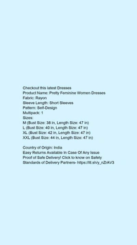 Product Name: *Pretty Feminine Women Dresses*Fabric: RayonSleeve Length: Short SleevesPattern: Self-DesignMultipack: 1 - size- XXL
