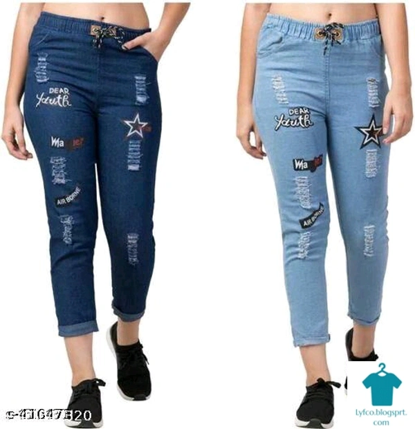 Product Name: *Trendy Stylish Joggers Fit Women Black Denim Classy Blue Combo Jeans For Girls*Fabric: DenimSurface Styling: PrintedMultipack: 2 - size- 26
