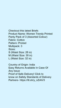 Product Name: *Women Trendy Printed Panty Pack of 3 (Assorted Colour)*Fabric: CottonPattern: PrintedMultipack: 3 - size- M