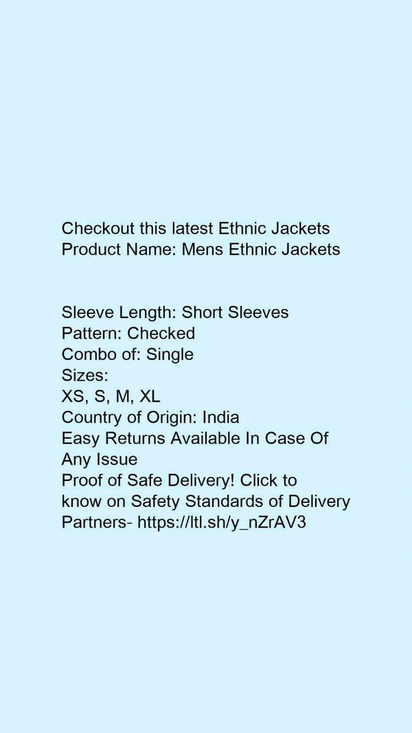 Product Name: *Mens Ethnic Jackets *Sleeve Length: Short SleevesPattern: CheckedCombo of: Single - size- XXL