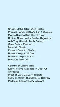 Product Name: *BHOJAL 3 in 1 Durable Plastic Kitchen Sink Dish Drying Drainer Rack Holder Basket Organizer with Tray Utensils Tools Cutlery (Blue Color)- Pack of 1.*Material: Plastic - size- Product Breadth: 30 CmProduct Height: 20 CmProduct Length: 44 CmPack Of: Pack Of 1