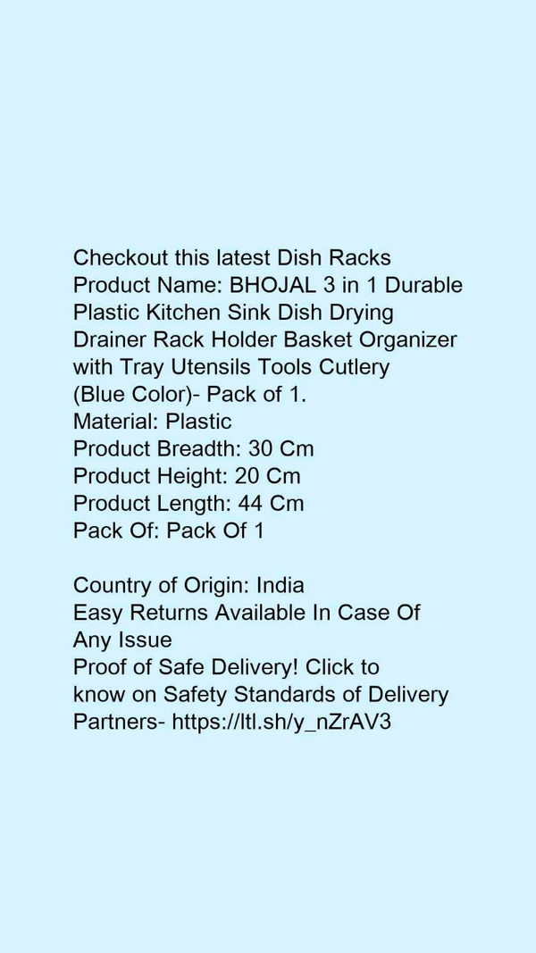 Product Name: *BHOJAL 3 in 1 Durable Plastic Kitchen Sink Dish Drying Drainer Rack Holder Basket Organizer with Tray Utensils Tools Cutlery (Blue Color)- Pack of 1.*Material: Plastic - size- Product Breadth: 30 CmProduct Height: 20 CmProduct Length: 44 CmPack Of: Pack Of 1