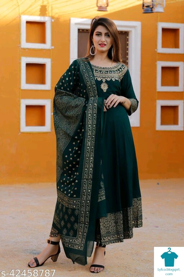 Product Name: *Women Printed Rayon Anarkali With Dupatta Set*Sleeve Length: Three-Quarter SleevesPattern: PrintedMultipack: Single - size- XL