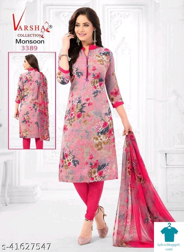 Product Name: *Chitrarekha Graceful Salwar Suits & Dress Materials*Top Fabric: Synthetic + Top Length: 2.25 MetersBottom Fabric: Synthetic + Bottom Length: 2.25 MetersDupatta Fabric: Chiffon + Dupatta Length: 2 MetersLining Fabric: No LiningType: Un StitchedPattern: PrintedMultipack: Single