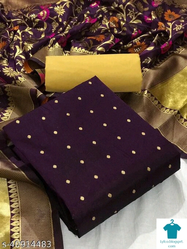 Checkout this latest SuitsProduct Name: *Jivika Petite Salwar Suits & Dress Materials*Top Fabric: Taffeta Silk + Top Length: 2 MetersBottom Fabric: Taffeta Silk + Bottom Length: 2.5 MetersDupatta Fabric: Jacquard + Dupatta Length: 2 MetersLining Fabric: No LiningType: Un StitchedPattern: Woven DesignMultipack: SingleCountry of Origin: India