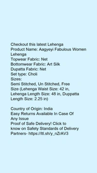 Product Name: *Aagyeyi Fabulous Women Lehenga*Topwear Fabric: NetBottomwear Fabric: Art SilkDupatta Fabric: NetSet type: Choli - size- Un Stitched