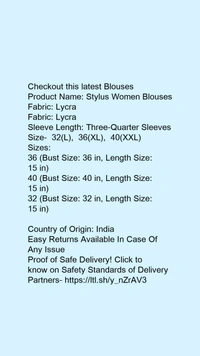 Product Name: *Stylus Women Blouses*Fabric: LycraFabric: LycraSleeve Length: Three-Quarter Sleeves - size- L, colour- black