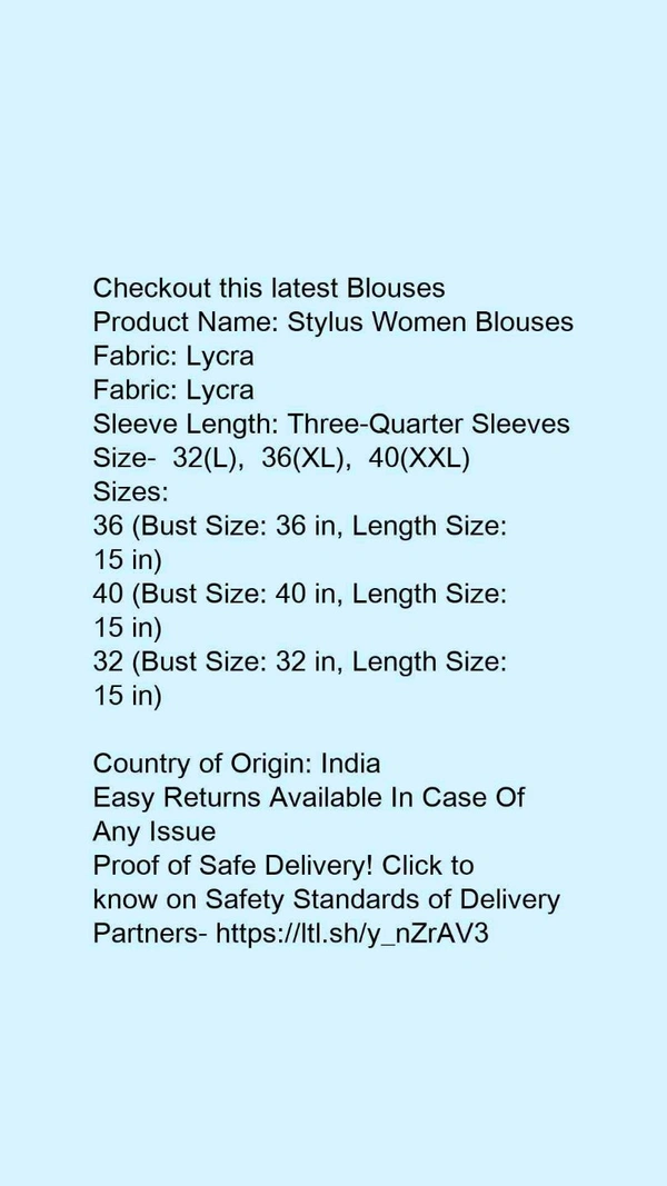 Product Name: *Stylus Women Blouses*Fabric: LycraFabric: LycraSleeve Length: Three-Quarter Sleeves - size- L, colour- black
