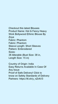 Product Name: *Hot & Fancy Heavy Work Bollywood Ethinic Blouse By Zoya*Fabric: PhantomFabric: PhantomSleeve Length: Short SleevesPattern: Embroidered - colour- Brown, size- 38