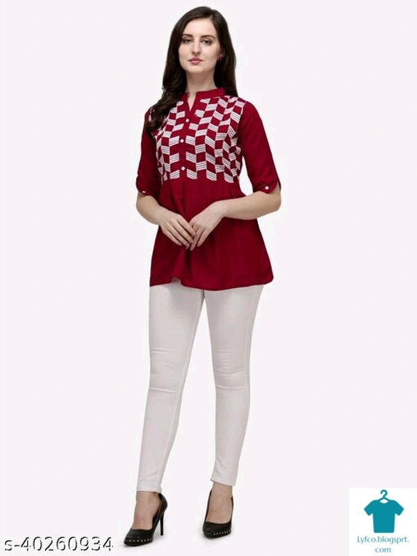 Product Name: *Pretty Fabulous Women Tops & Tunics*Fabric: RayonSleeve Length: Three-Quarter SleevesPattern: EmbroideredMultipack: 1 - size- XL