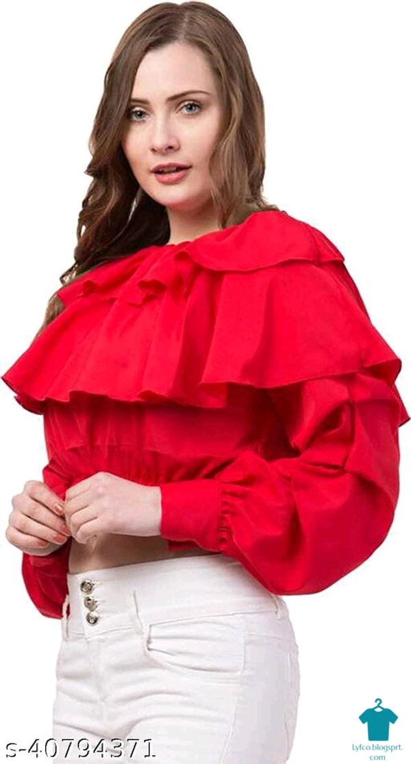 Product Name: *Ruffle floral off shoulder top for women*Fabric: LycraSleeve Length: Three-Quarter SleevesPattern: SolidMultipack: 1 - size- S, colour- Red