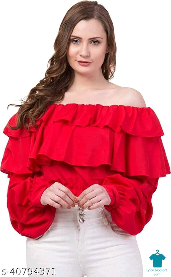 Product Name: *Ruffle floral off shoulder top for women*Fabric: LycraSleeve Length: Three-Quarter SleevesPattern: SolidMultipack: 1 - size- S, colour- Red
