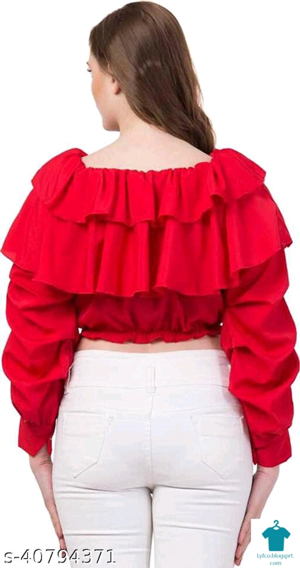Product Name: *Ruffle floral off shoulder top for women*Fabric: LycraSleeve Length: Three-Quarter SleevesPattern: SolidMultipack: 1 - size- S, colour- Red