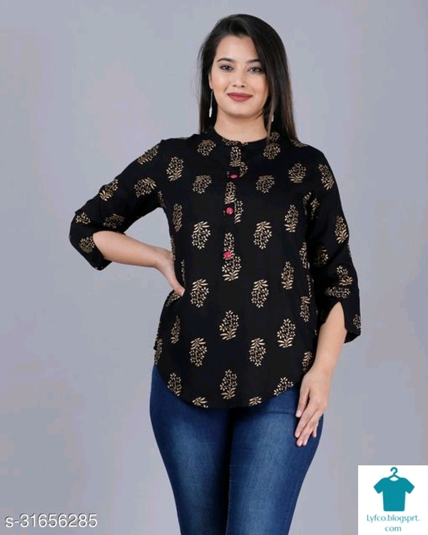 Product Name: *Comfy Ravishing Women Tops & Tunics*Fabric: RayonSleeve Length: Three-Quarter SleevesPattern: PrintedMultipack: 1 - size- XXL, colour- light Blue