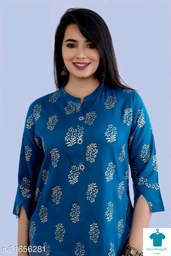 Product Name: *Comfy Ravishing Women Tops & Tunics*Fabric: RayonSleeve Length: Three-Quarter SleevesPattern: PrintedMultipack: 1 - size- XXL, colour- light Blue