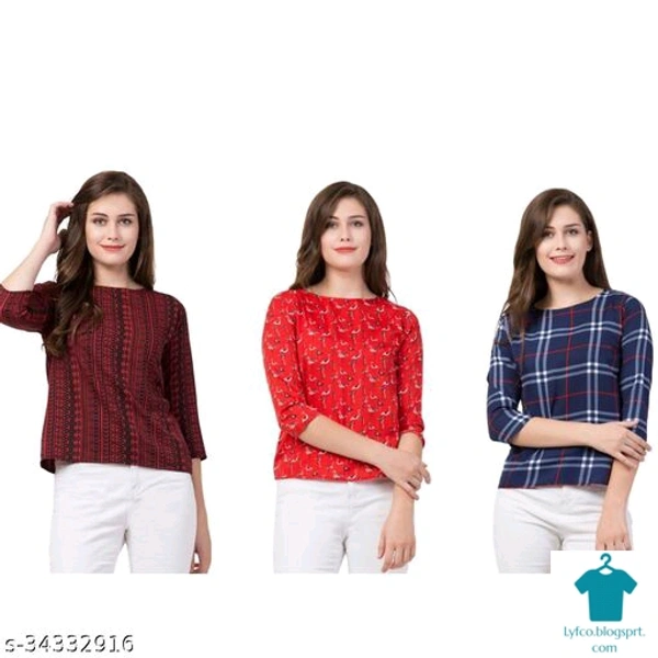 Product Name: *Classy Ravishing Women Tops & Tunics*Fabric: CrepeSleeve Length: Three-Quarter SleevesPattern: PrintedMultipack: 3 - size- XL